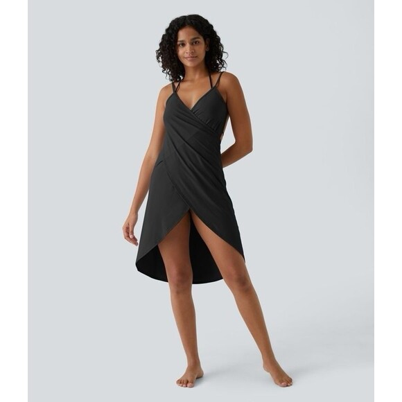 Halara Woman Large Black Spaghetti Strap Crossover Wrap Cover-Up Resort Swim Nwt - Picture 1 of 6